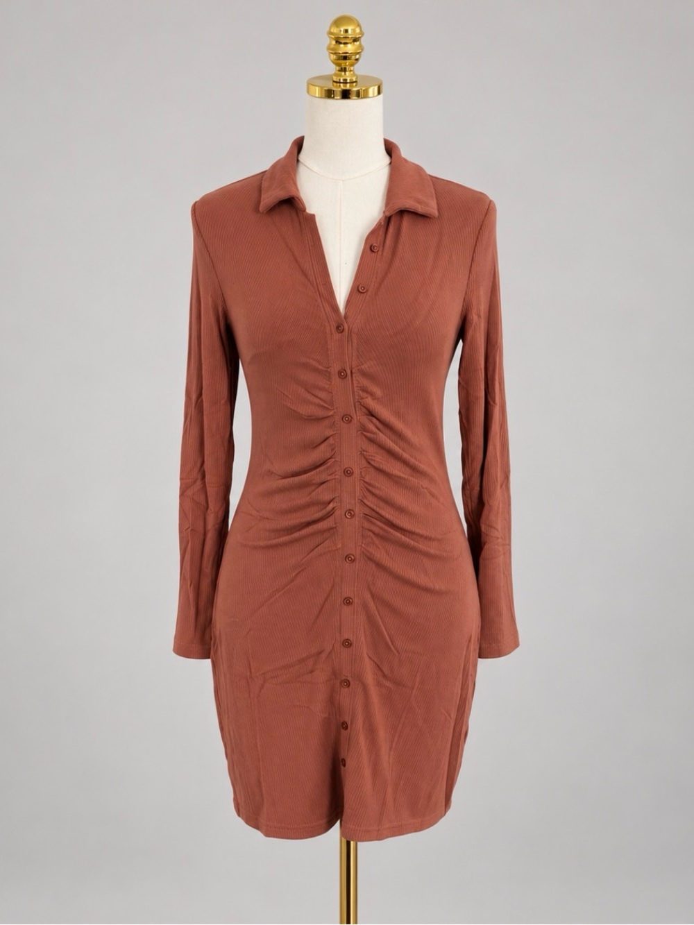 Abercrombie & Fitch Long-Sleeve Ruched Button Dress - Tan Brown - S